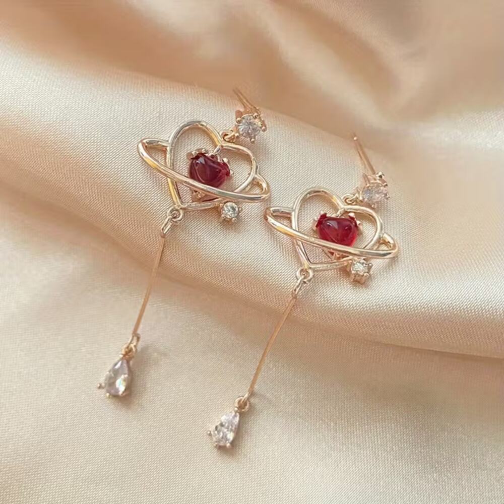 Heart Planet Dangle Earrings – Celestial Drop Earrings with Crystals | Romantic